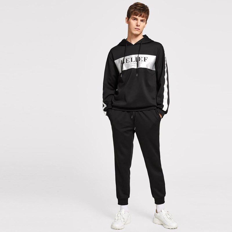 

Guys Drawstring Letter Hoodie & Pants Co-Ord, Black