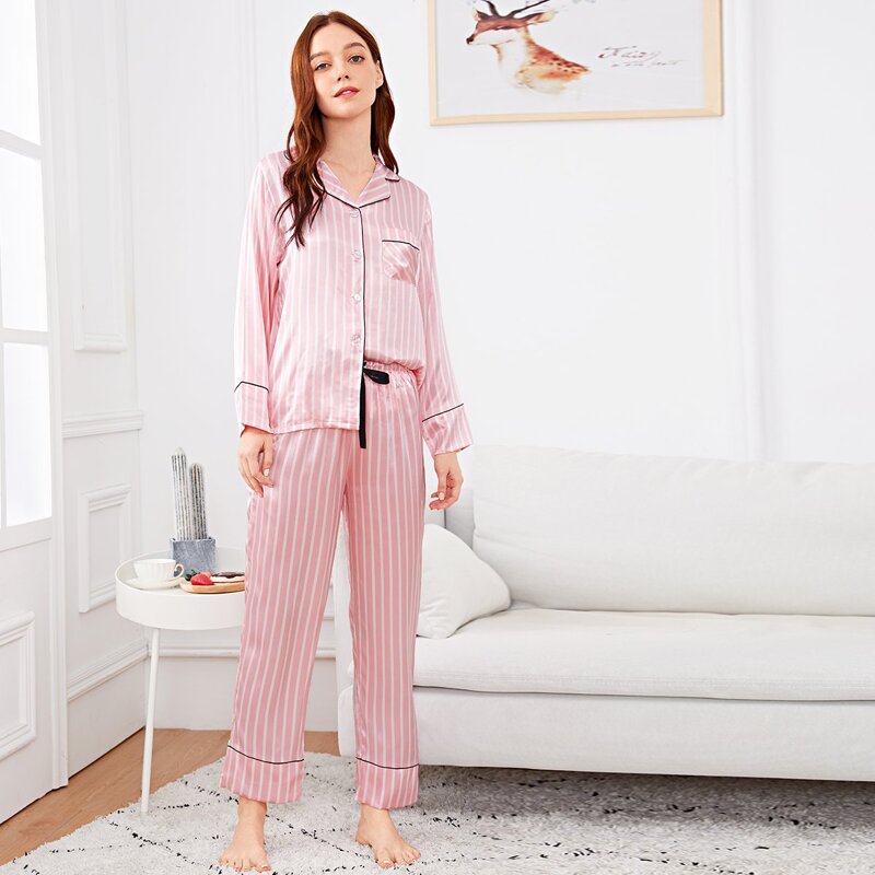 

Striped Button Up Pajama Set, Pink