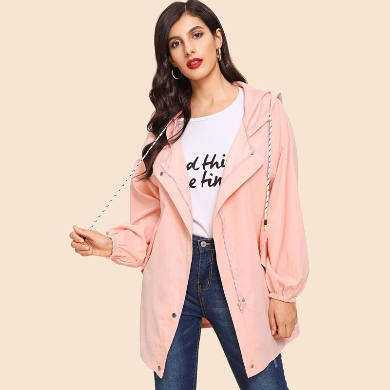 

Letter Graphic Drawstring Hooded Outerwear, Pink