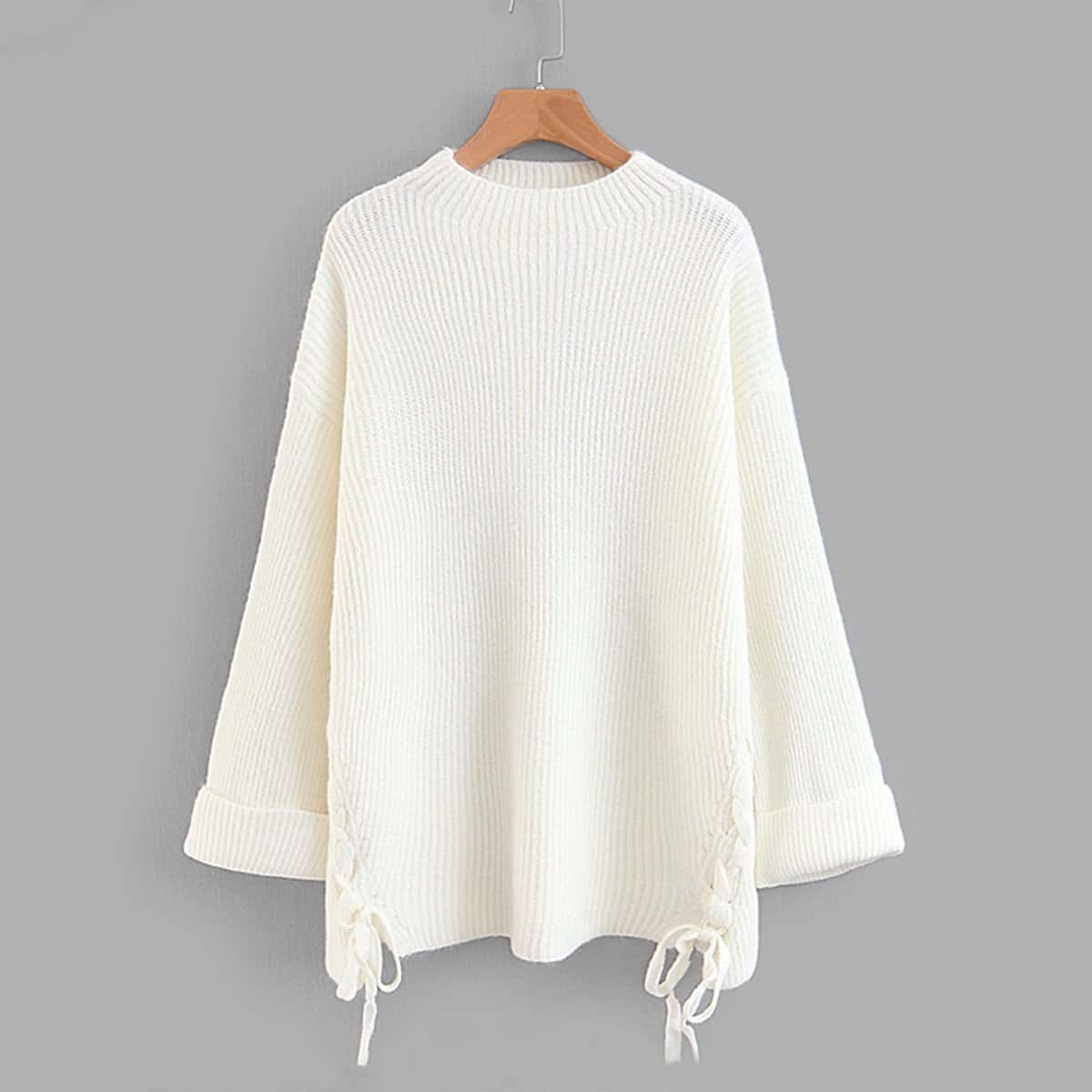 

Drop Shoulder Lace-Up Side Jumper, Beige