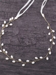 仿珍珠装饰发带 优雅婚礼头饰 绿色草地 情人节配饰 - 白色 - 查看 2