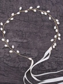 仿珍珠装饰发带 优雅婚礼头饰 绿色草地 情人节配饰 - 白色 - 查看 3