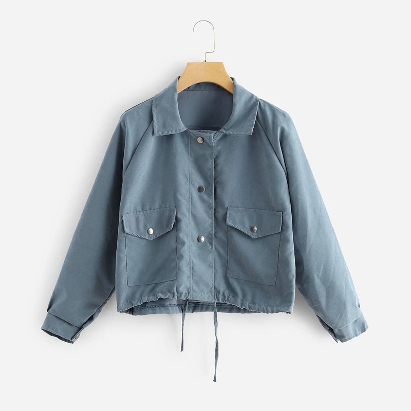 

Button Detail Drawstring Hem Jacket, Blue