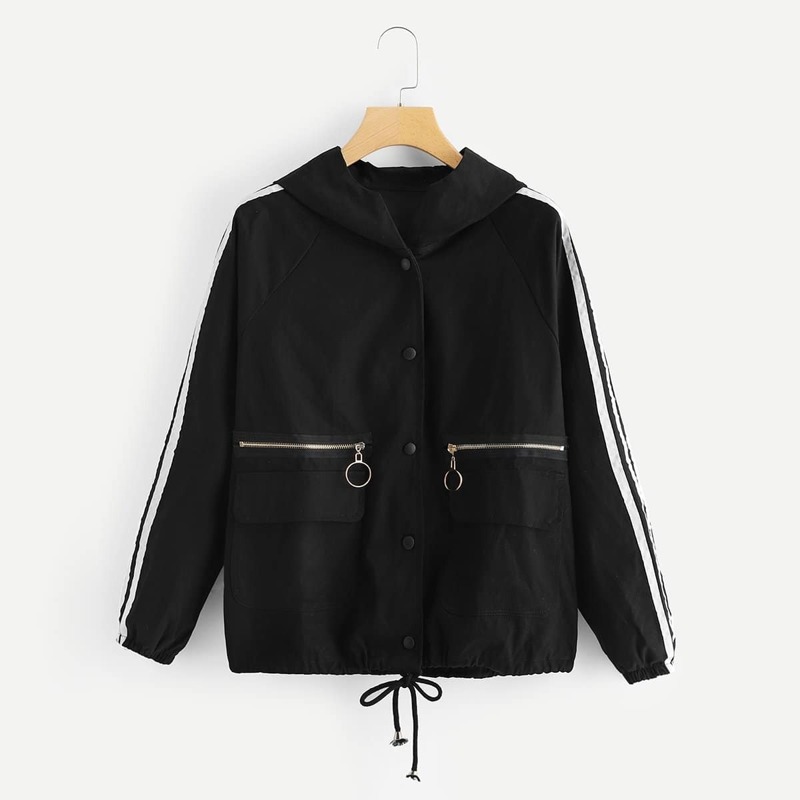 

Contrast Tape Side Drawstring Hem Hooded Jacket, Black