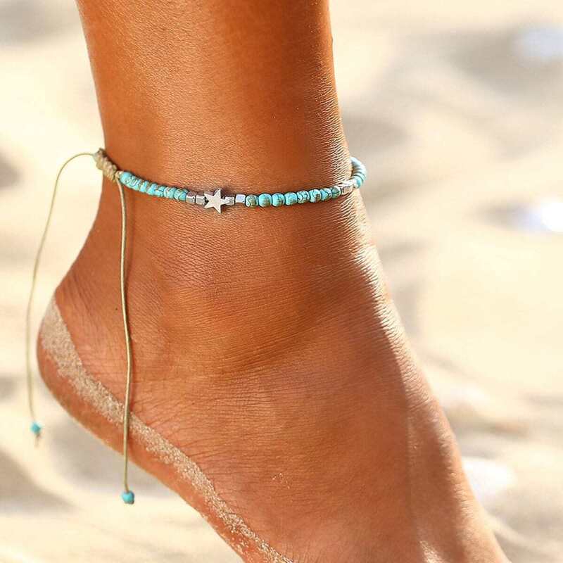 

Star Detail Beaded Anklet, Green