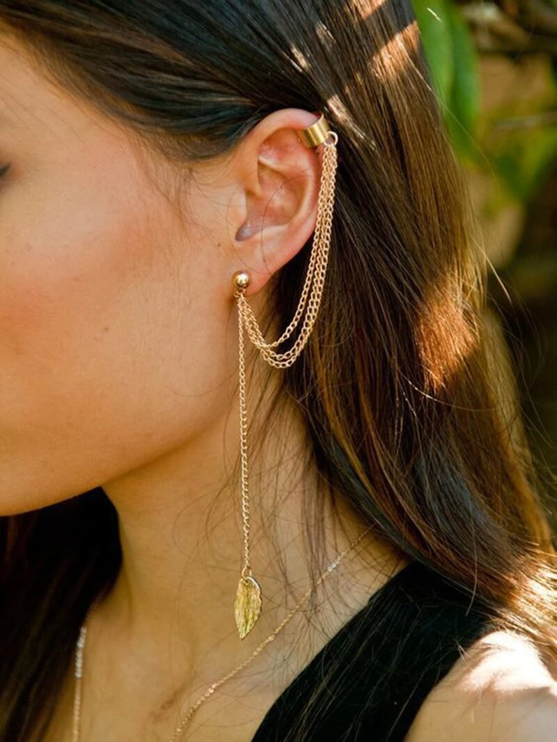 Leaf Detail Layered Chain Earrings With Ear Cuff 1pcfor Women Romwe