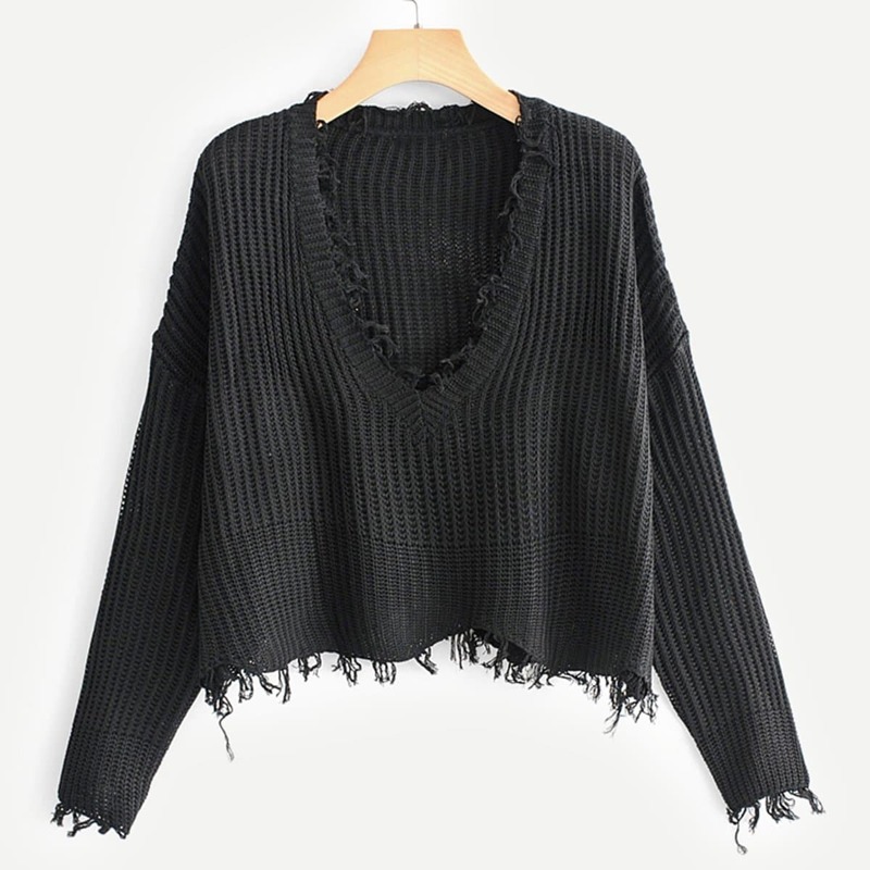 

Raw Trim Drop Shoulder Sweater, Black
