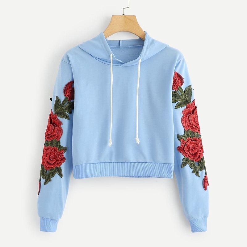 

Floral Embroidered Applique Hoodie, Blue