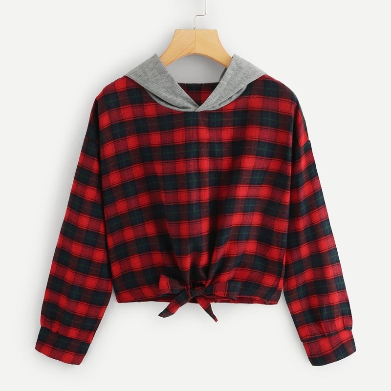 

Hooded Knot Front Plaid Sweatshirt, Multicolor