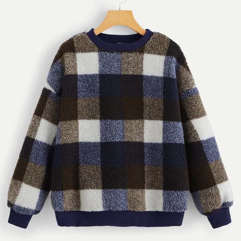 

Drop Shoulder Plaid Teddy Sweatshirt, Multicolor