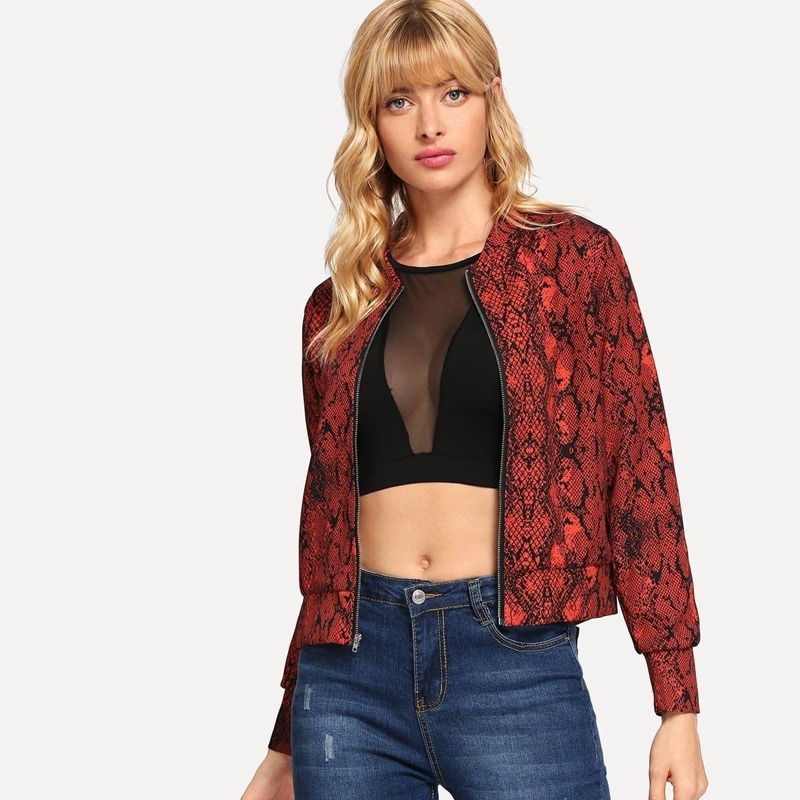 

Graphic Print Crop Jacket, Red
