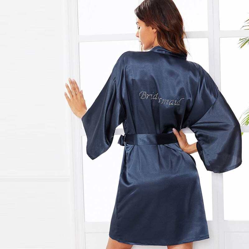 

Rhinestone Letter Graphic Self Tie Wrap Bride Robe, Navy