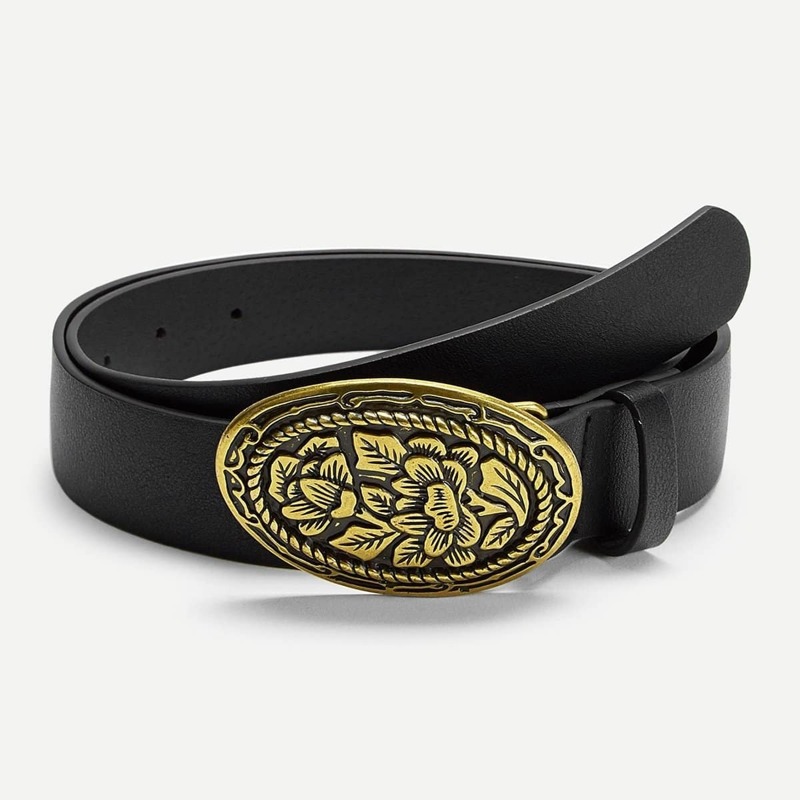

Flower Pattern Buckle Belt, Black