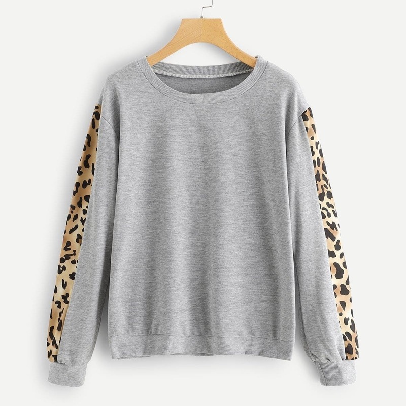 

Contrast Leopard Print Sleeve Sweatshirt, Grey