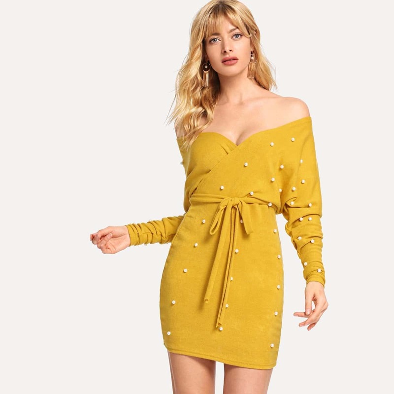 

Pearl Beaded Cut Out Back Belted Dress, Yellow