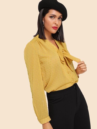 Button Up Tie Neck Dot Shirt pictures