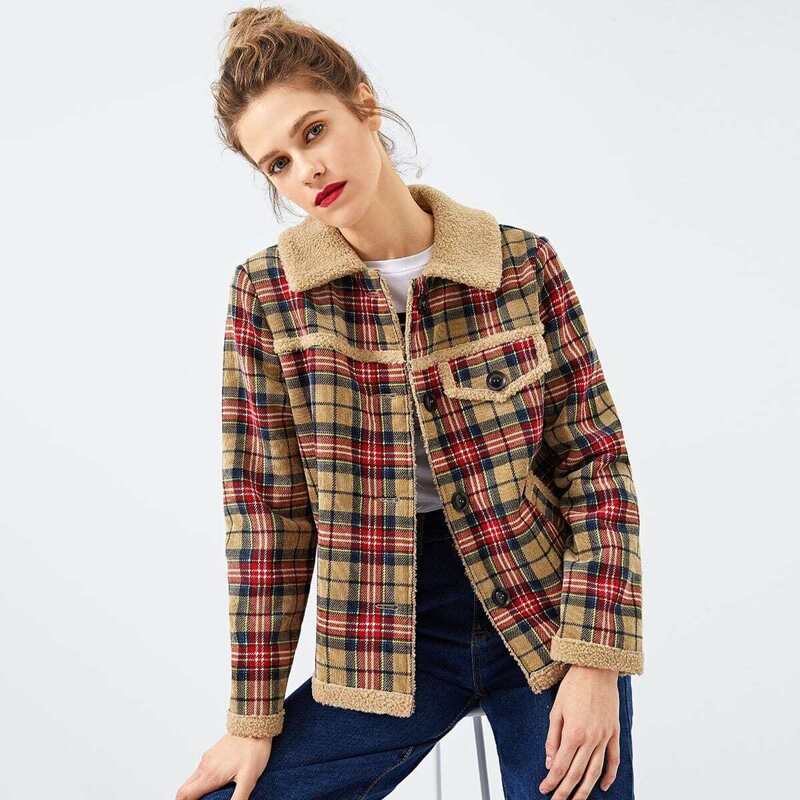 

Faux Fur Detail Single Breasted Plaid Coat, Multicolor