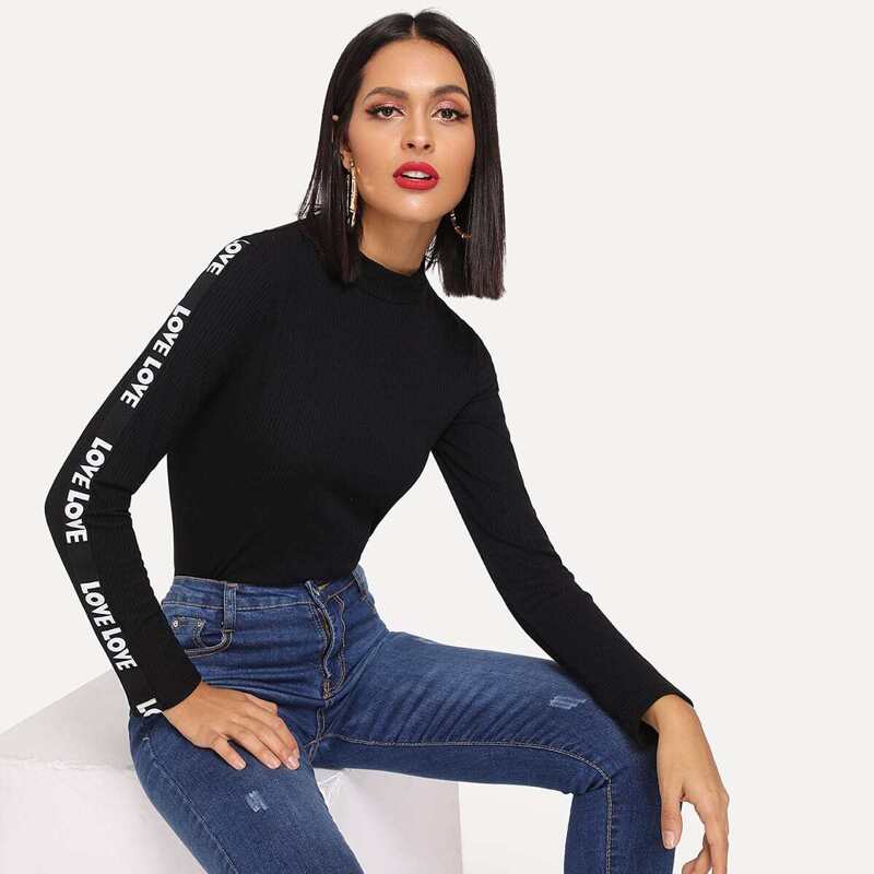 

Mock Neck Letter Tape Rib Knit Tee, Black