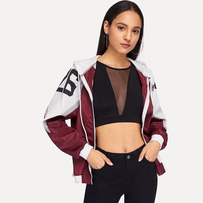 

Contrast Letter Print Hooded Jacket, Multicolor