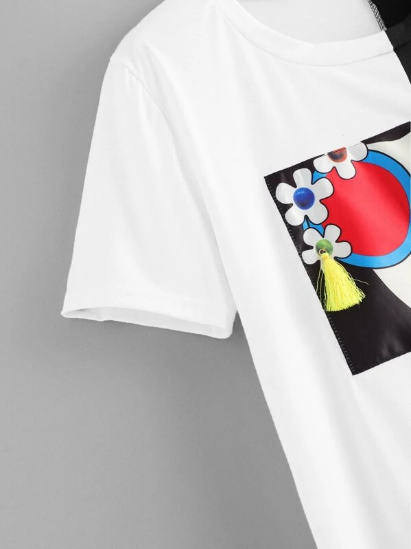 Camiseta bajo asimétrico con diseño de fleco grande | ROMWE Camiseta bajo asimétrico con diseño de fleco | Camisetas