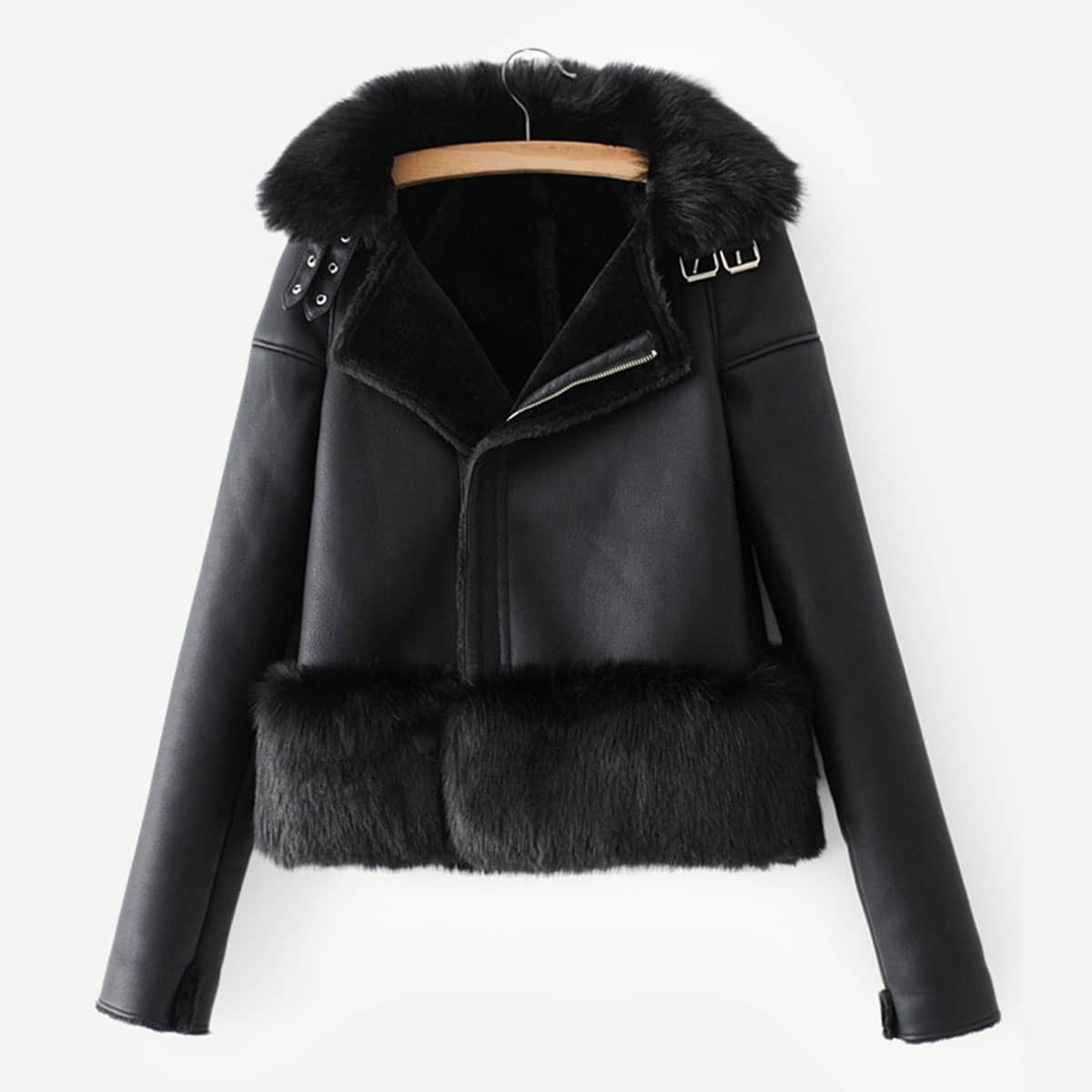 

Faux Leather Contrast Faux Fur Solid Jacket, Black