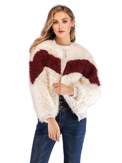 Colorblock Zip Up Front Teddy Jacket