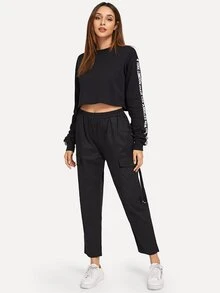 Pantalones con diseño de bolsillo con estampado de letra - Negro - Ver 4