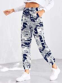 Drawstring Waist Figure Print Pants