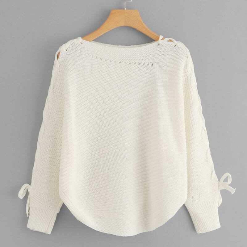 

Lace Up Solid Sweater, Beige