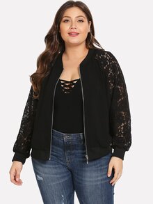 Plus Floral Lace Insert Bomber Jacket