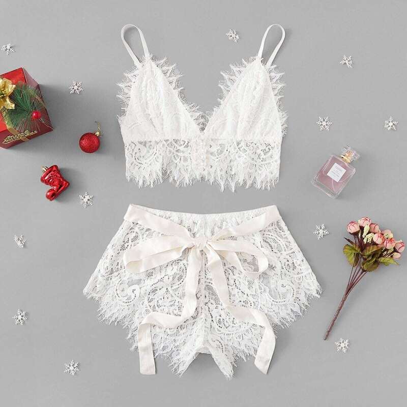 

Ribbon Tie Eyelash Lace Lingerie Set, White
