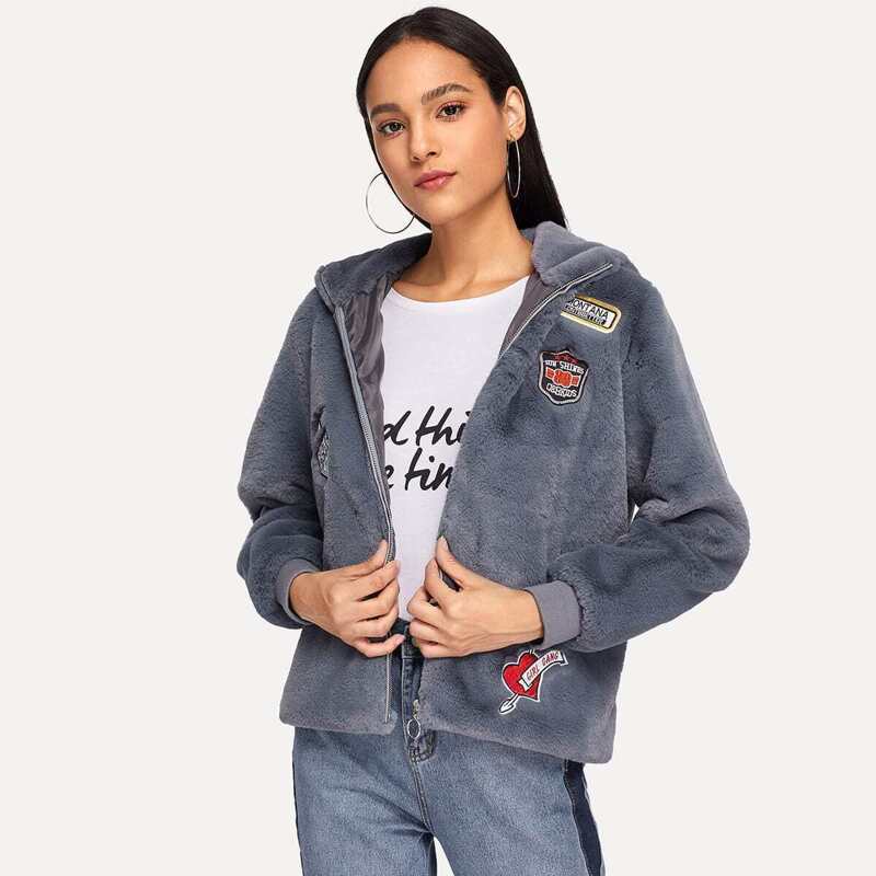 

Zip Front Letter Hoodie Teddy Coat, Grey