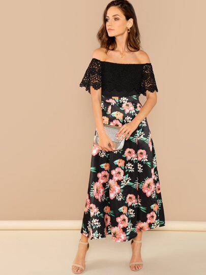 Guipure Lace Foldover Front Floral Dress pictures