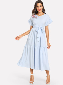 Floral Embroidered Applique Self Belted Dress