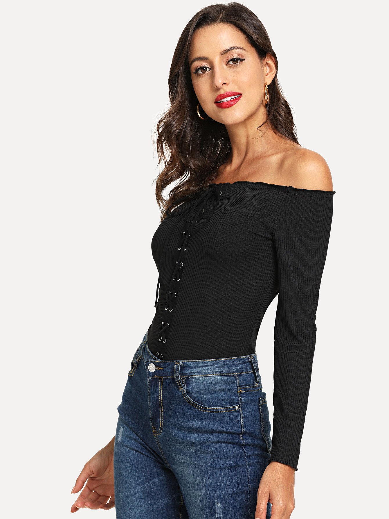 lace-up front rib knit bardot tee -shein(sheinside)