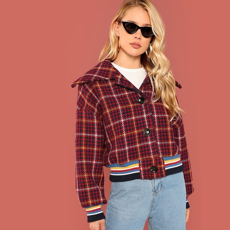 

Exaggerate Collar Button Up Tweed Jacket, Multicolor