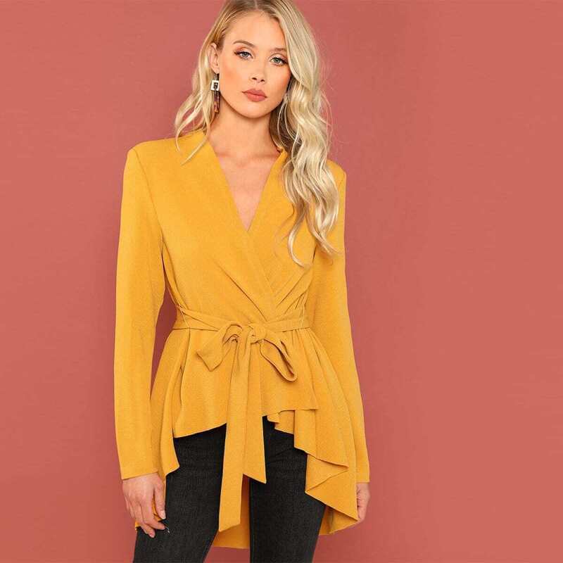 

Asymmetrical Hem Belted Coat, Yellow