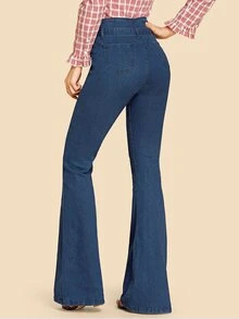 SHEIN Tie Waist Flare Leg Jeans - Dark Wash - View 2