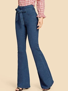 SHEIN Tie Waist Flare Leg Jeans - Dark Wash - View 3