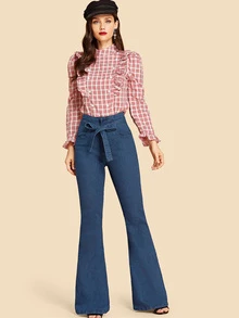 SHEIN Tie Waist Flare Leg Jeans - Dark Wash - View 4