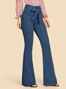 SHEIN Tie Waist Flare Leg Jeans - Dark Wash - View 1