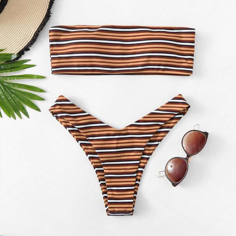 

Random Striped Bandeau With High Leg Bikini Set, Multicolor