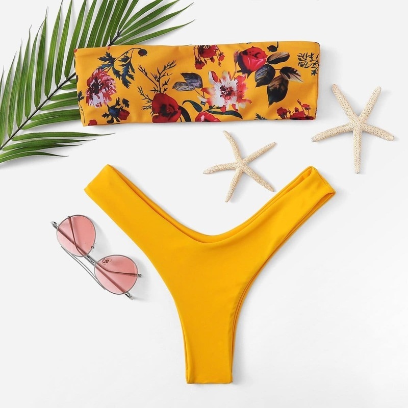 

Floral Bandeau With High Leg Bikini Set, Multicolor