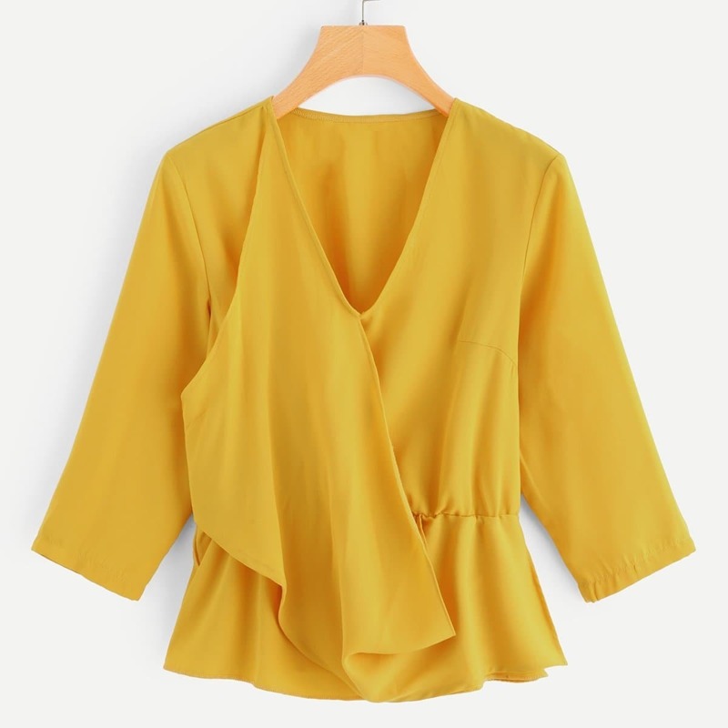 

Contrast Trim Ruffle Hem Solid Blouse, Yellow