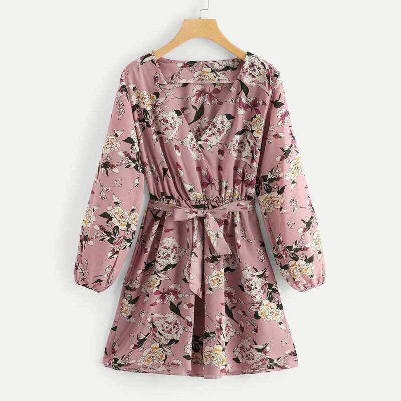 

Floral Print Self Tie Waist Dress, Multicolor