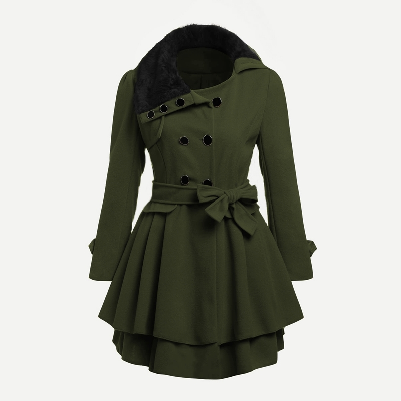 

Contrast Faux Fur Collar Double Layered Hem Coat, Army green