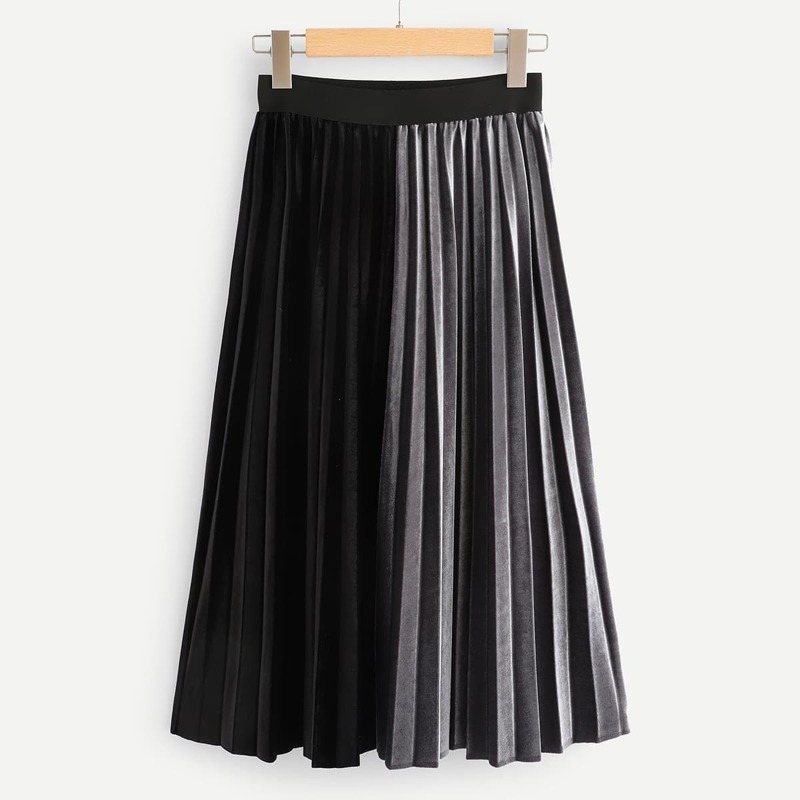 

Color Block Pleated Skirt, Black