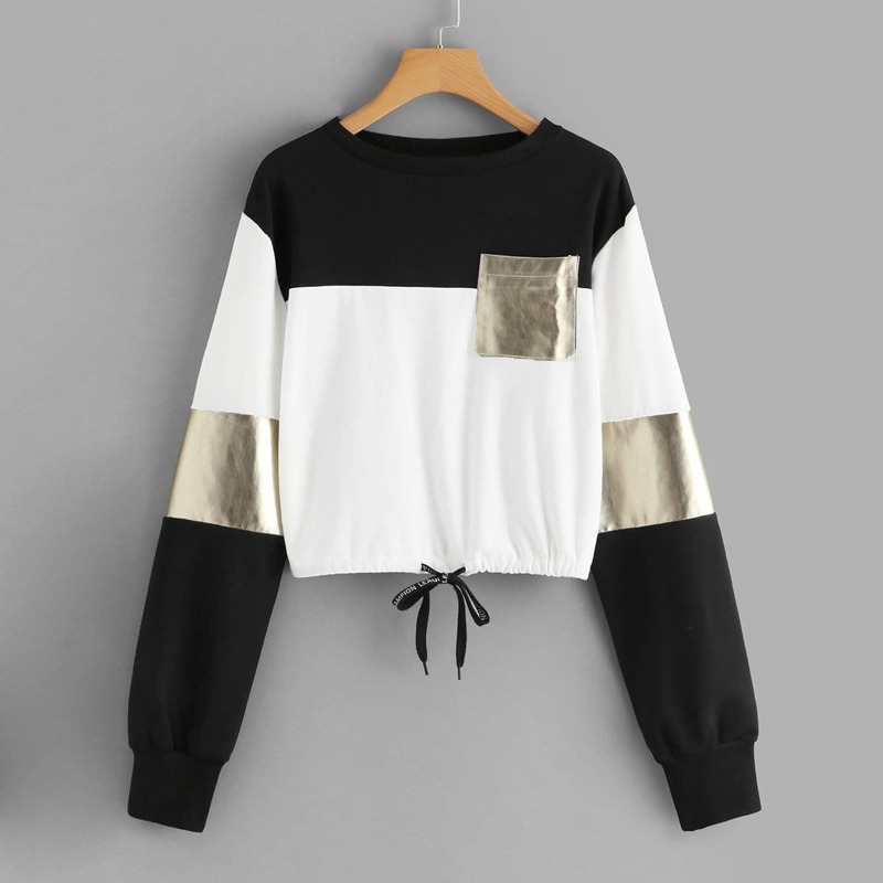 

Drawstring Detail Colorblock Sweatshirt, Black and white