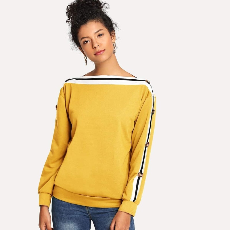 

Striped Button Detail Sweatshirt, Yellow