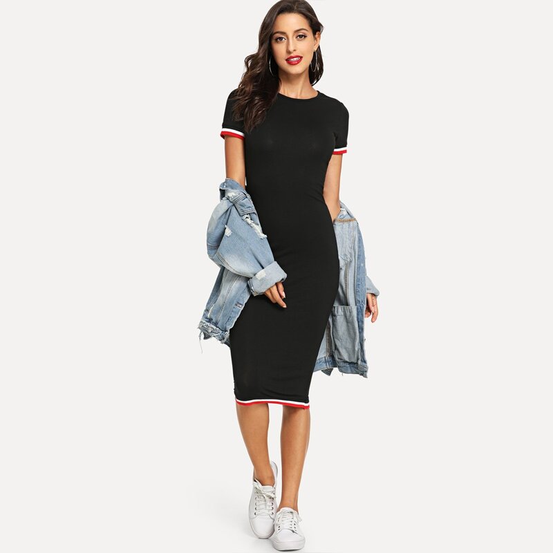 

Striped Trim Tee Dress, Black